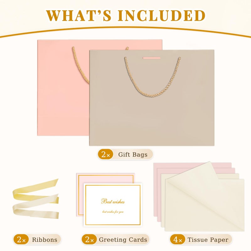 ANZNKU 2PCS Gift Bags Medium Size, Gift Wrap Bags for Women with Handles 4 Tissue Paper 2 Ribbon 2 Cards, Cute Present Bags for Wedding Favors Birthday Engagement Bridal Baby Shower Party(Beige+Pink) - Image 3