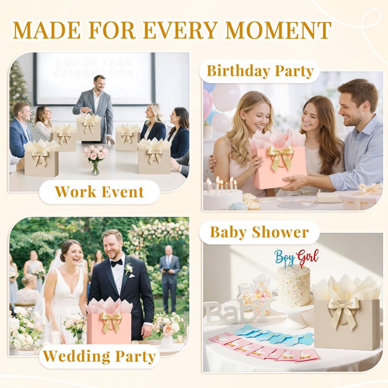 ANZNKU 2PCS Gift Bags Medium Size, Gift Wrap Bags for Women with Handles 4 Tissue Paper 2 Ribbon 2 Cards, Cute Present Bags for Wedding Favors Birthday Engagement Bridal Baby Shower Party(Beige+Pink) - Image 4