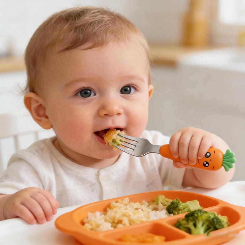 Yellow Kids Carrot Shaped Non Slip Short Handle Stainless Steel Cutlery for Nursery Kitchen Travel - Image 3
