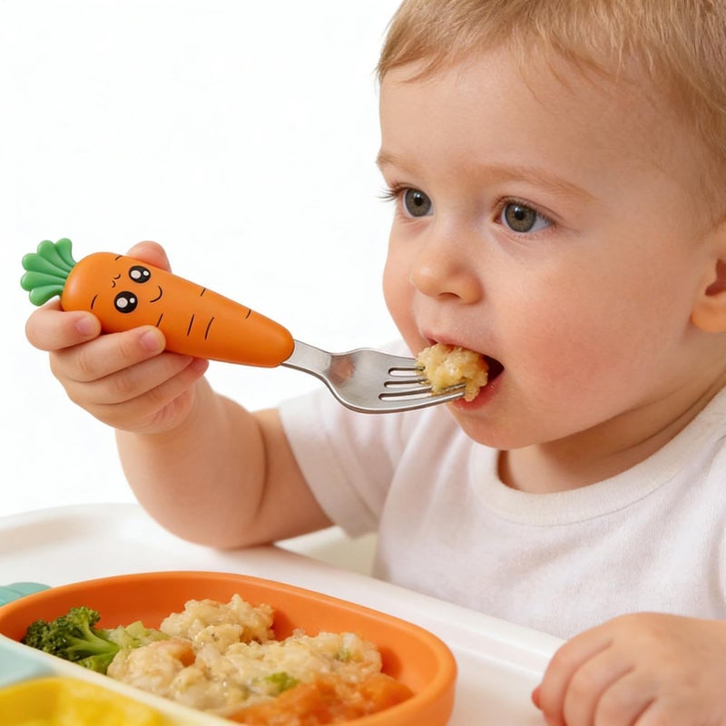 Yellow Kids Carrot Shaped Non Slip Short Handle Stainless Steel Cutlery for Nursery Kitchen Travel - Image 4