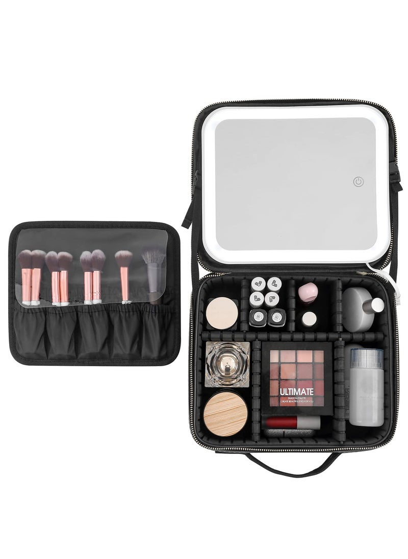 KHAJUL - Makeup Bag with Mirror of LED Lighted and Detachable 10x Magnifying Mirror, Cosmetic Bag Organizer with Adjustable Dividers (Black) - Image 1