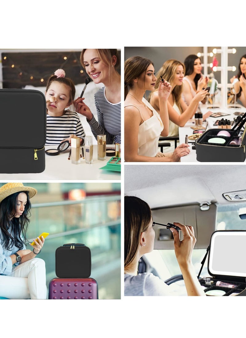 KHAJUL - Makeup Bag with Mirror of LED Lighted and Detachable 10x Magnifying Mirror, Cosmetic Bag Organizer with Adjustable Dividers (Black) - Image 1