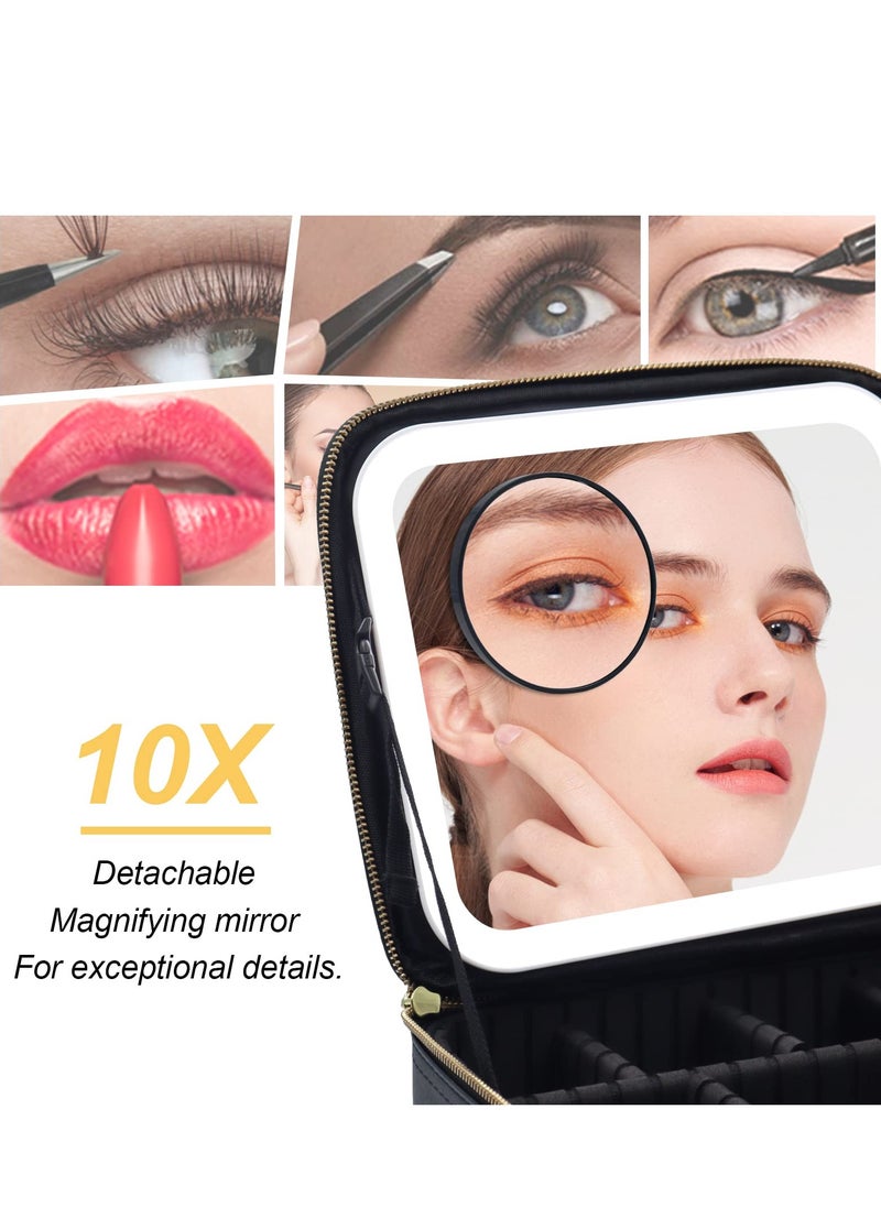 KHAJUL - Makeup Bag with Mirror of LED Lighted and Detachable 10x Magnifying Mirror, Cosmetic Bag Organizer with Adjustable Dividers (Black) - Image 1
