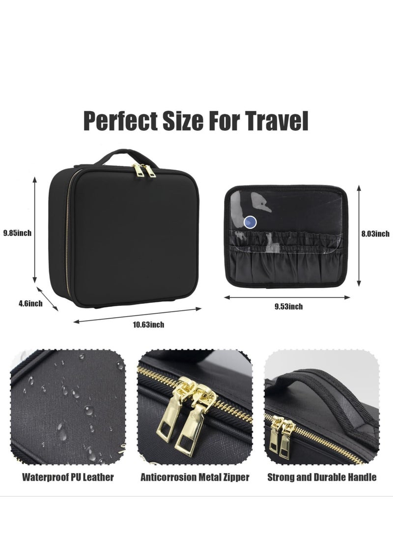 KHAJUL - Makeup Bag with Mirror of LED Lighted and Detachable 10x Magnifying Mirror, Cosmetic Bag Organizer with Adjustable Dividers (Black) - Image 1