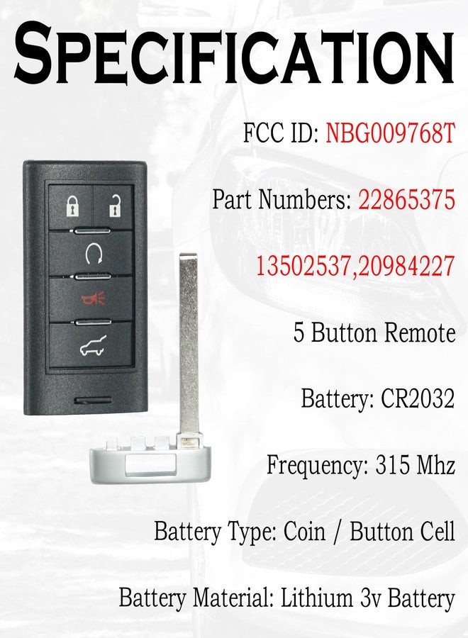 SUPALAND Key Fob Replacement Fits for Cadillac SRX 2010 2011 2012 2013 2014 2015 ATS XTS 2013-2014 ELR Push Start Button Smart Proximity Keyless Entry Remote Control NBG009768T 22865375 5 BTN - Image 3