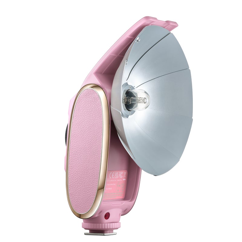 Retro Camera Flash Pink Collapsible Silver Reflector Auto Manual Modes Universal Camera Flash - Vintage Artwork Design Recreate 60s Glamour Camera Flash for Professional Photographers Retro Photograph - Image 1