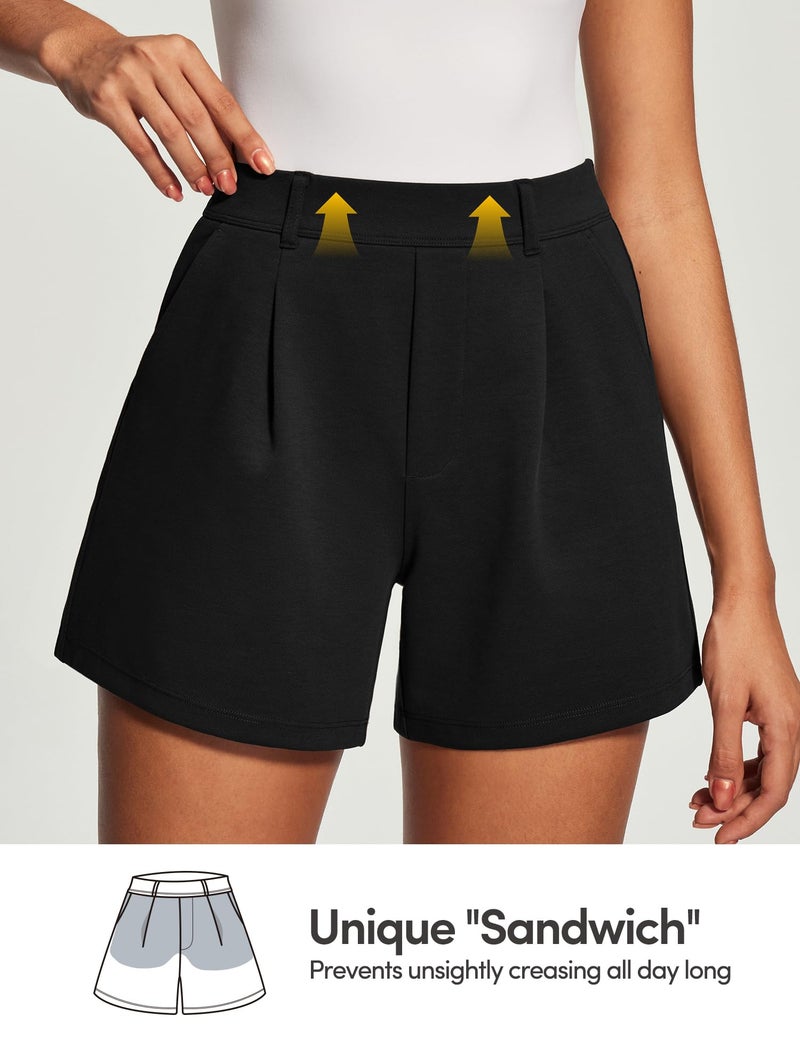 IUGA Womens Dress Shorts for Women High Waisted Trouser Summer Business Womens Dressy Casual Pleated Wide Leg Shorts Black - Image 3