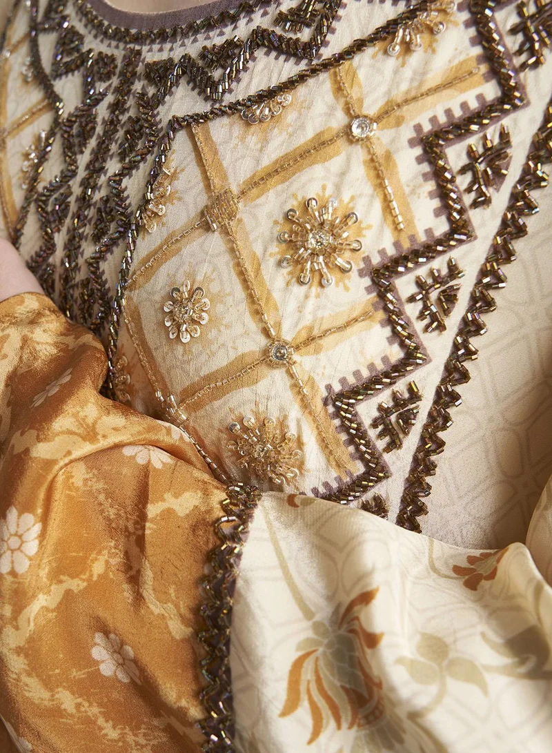 Kashkha  Cream Damask Trellis Print Viscose Crepe Jalabiya (VDM940) for Women | Best Price UAE