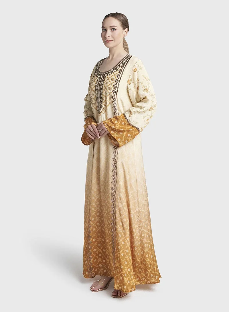Kashkha  Cream Damask Trellis Print Viscose Crepe Jalabiya (VDM940) for Women | Best Price UAE