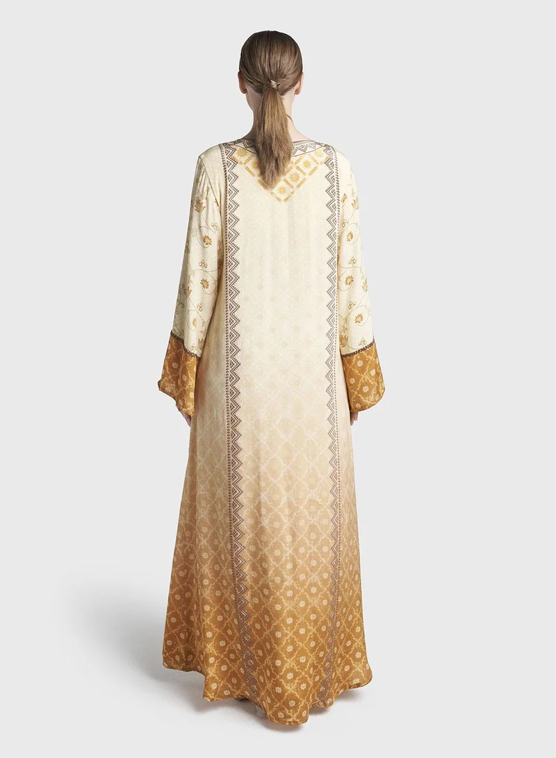 Kashkha  Cream Damask Trellis Print Viscose Crepe Jalabiya (VDM940) for Women | Best Price UAE