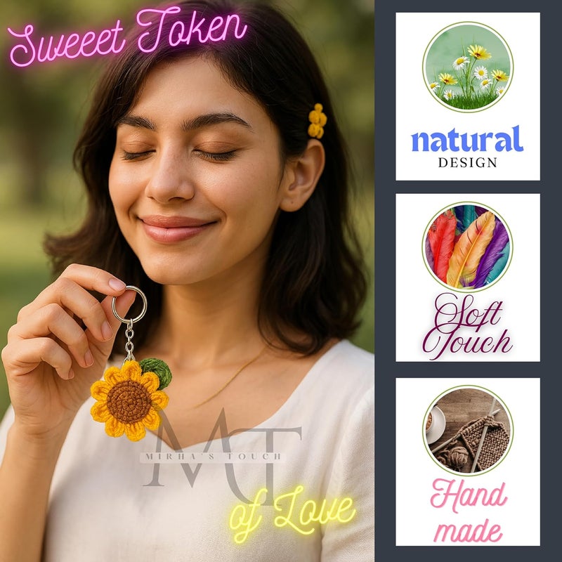 Mirha's Touch Hand Made Crochet Flower Keychain | Sunflower & Daisy Flower Crafted Keychain | Keychain For Bike, Car, Handbags - Image 4