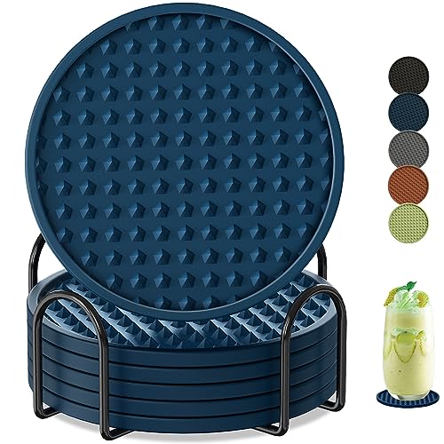 KEHOUXRE Coasters for Drinks 6 Pack Drink Coasters with Holder,Heat Resistant Silicone Cup Mat Tabletop Protection,Non-Slip Rubber Coaster for Kinds of Cups (Blue) - Image 1