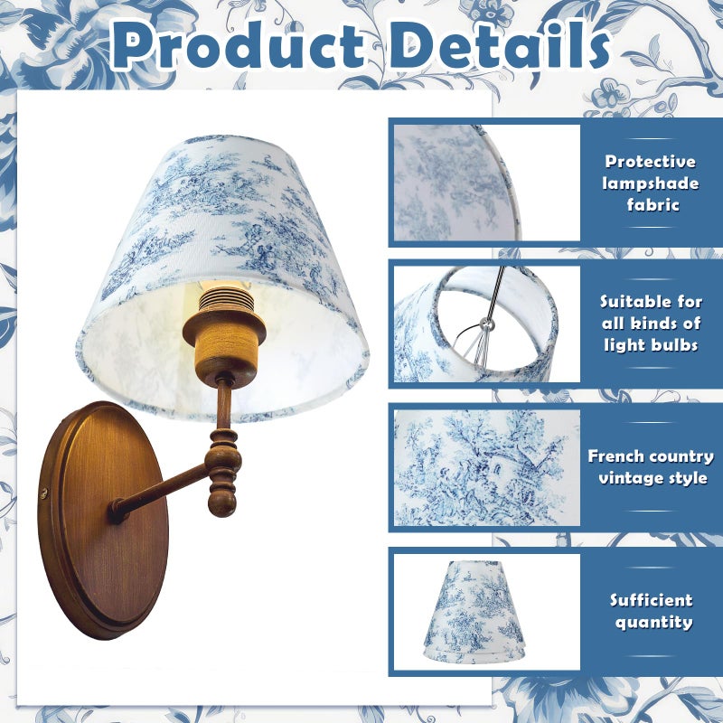 VIHOSE 2 Pcs Small Lamp Shade Sconce Lamp Shade 3 Top x 6'' Bottom x 5'' Slant French Countryside Toile Clip on Lampshade for Wall Sconces Chandelier Pendant Lighting(Crane and Human,Blue and White) - Image 3