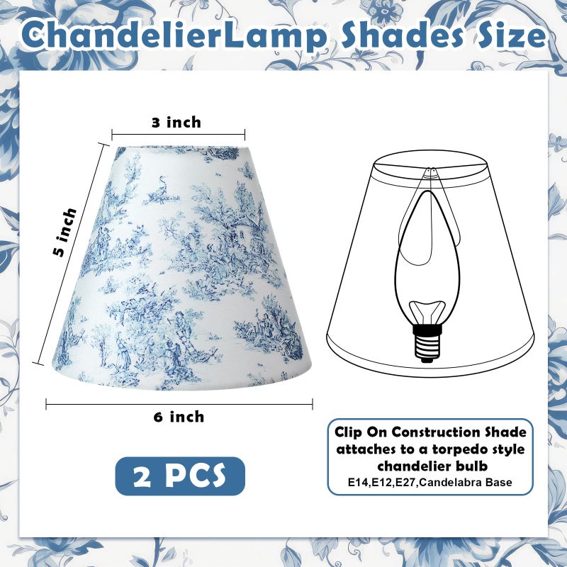 VIHOSE 2 Pcs Small Lamp Shade Sconce Lamp Shade 3 Top x 6'' Bottom x 5'' Slant French Countryside Toile Clip on Lampshade for Wall Sconces Chandelier Pendant Lighting(Crane and Human,Blue and White) - Image 2