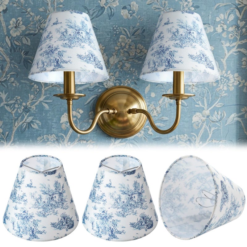 VIHOSE 2 Pcs Small Lamp Shade Sconce Lamp Shade 3 Top x 6'' Bottom x 5'' Slant French Countryside Toile Clip on Lampshade for Wall Sconces Chandelier Pendant Lighting(Crane and Human,Blue and White) - Image 1