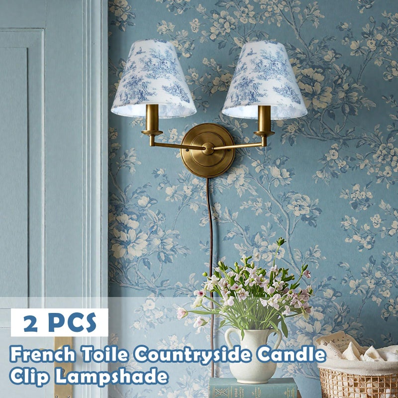 VIHOSE 2 Pcs Small Lamp Shade Sconce Lamp Shade 3 Top x 6'' Bottom x 5'' Slant French Countryside Toile Clip on Lampshade for Wall Sconces Chandelier Pendant Lighting(Crane and Human,Blue and White) - Image 4
