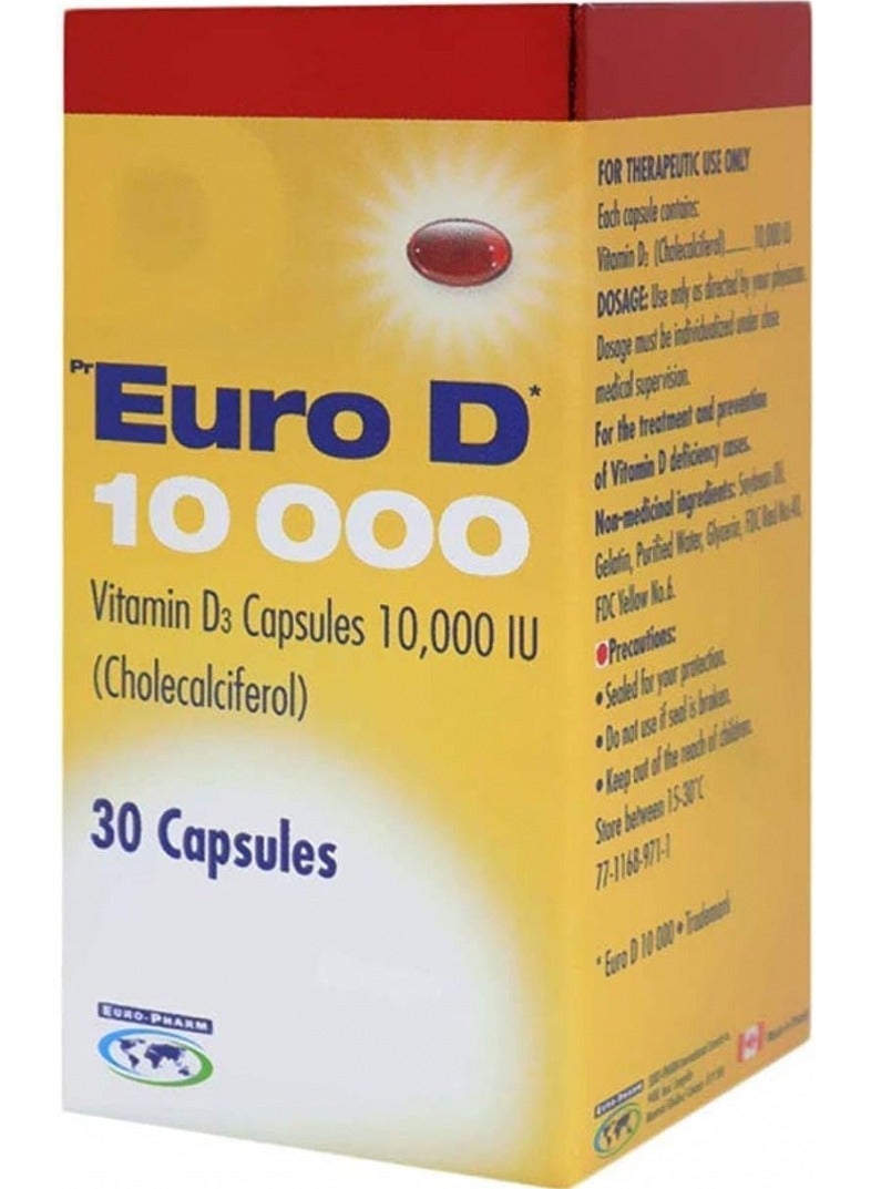 Euro كبسولات فيتامين د3 10000 وحدة دولية كوليكالسيفيرول 30 كبسولة