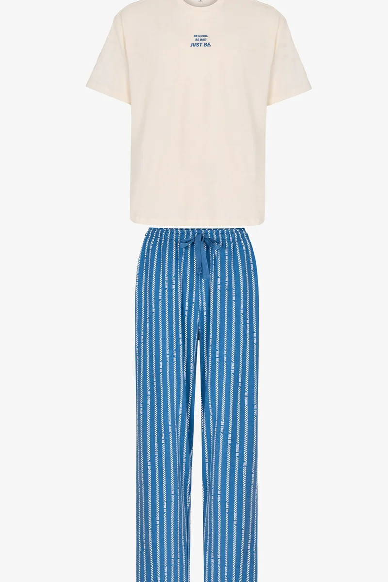 PENTI Men's Refined Striped Oversized Long Pajama Set With Short Sleeves