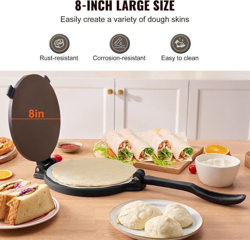 VEVOR Tortilla Press, 8 Inch Tortilla and Roti Maker, Cast Iron Heavy Duty Tortilladora Press, Pre-Seasoned Pataconera Maker with 100 Pcs Parchment Paper, Dough Maker for Flour Tortilla, Tawa, Silver - Image 2