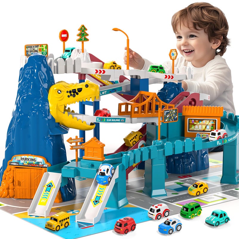MSKOLER Dinosaur Race Car Tracks for Toddlers 24 Years Dinosaur Climbing Hills Railcar Toy Car Track Play Set with 7 Small Race Cars Preschool Birthday Gifts for 3 4 5 6 7 8 Year Old Boys Girls - Image 3