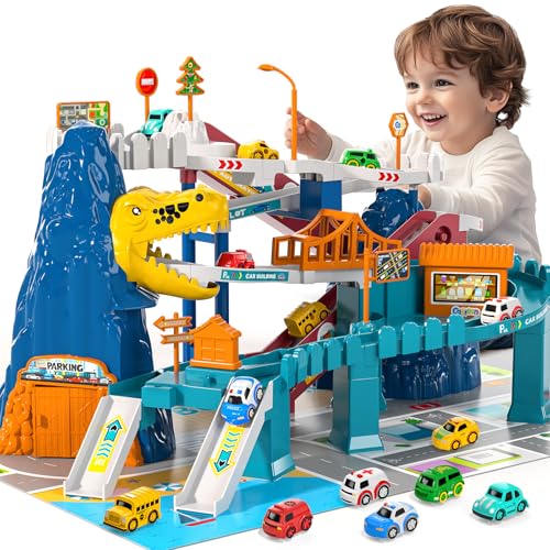 MSKOLER Dinosaur Race Car Tracks for Toddlers 24 Years Dinosaur Climbing Hills Railcar Toy Car Track Play Set with 7 Small Race Cars Preschool Birthday Gifts for 3 4 5 6 7 8 Year Old Boys Girls - Image 1
