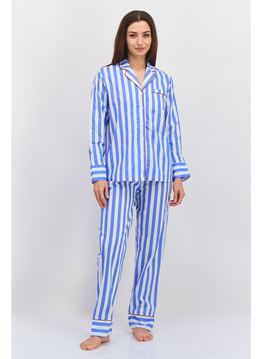 Women 2 Pieces Stripe Pajama Set, Blue - pzsku/Z651822022DC6C808F0D7Z/45/_/1737642070/aa263e6c-c81a-4d1c-a945-9b5dff77a711