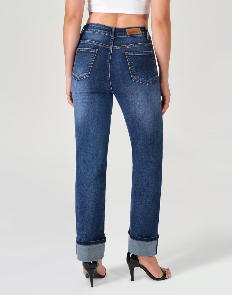 roswear Womenâ€™s Straight Leg Jeans High Waisted Boyfriend Stretchy Cuffed Denim Pants Retro Blue Medium - Image 3