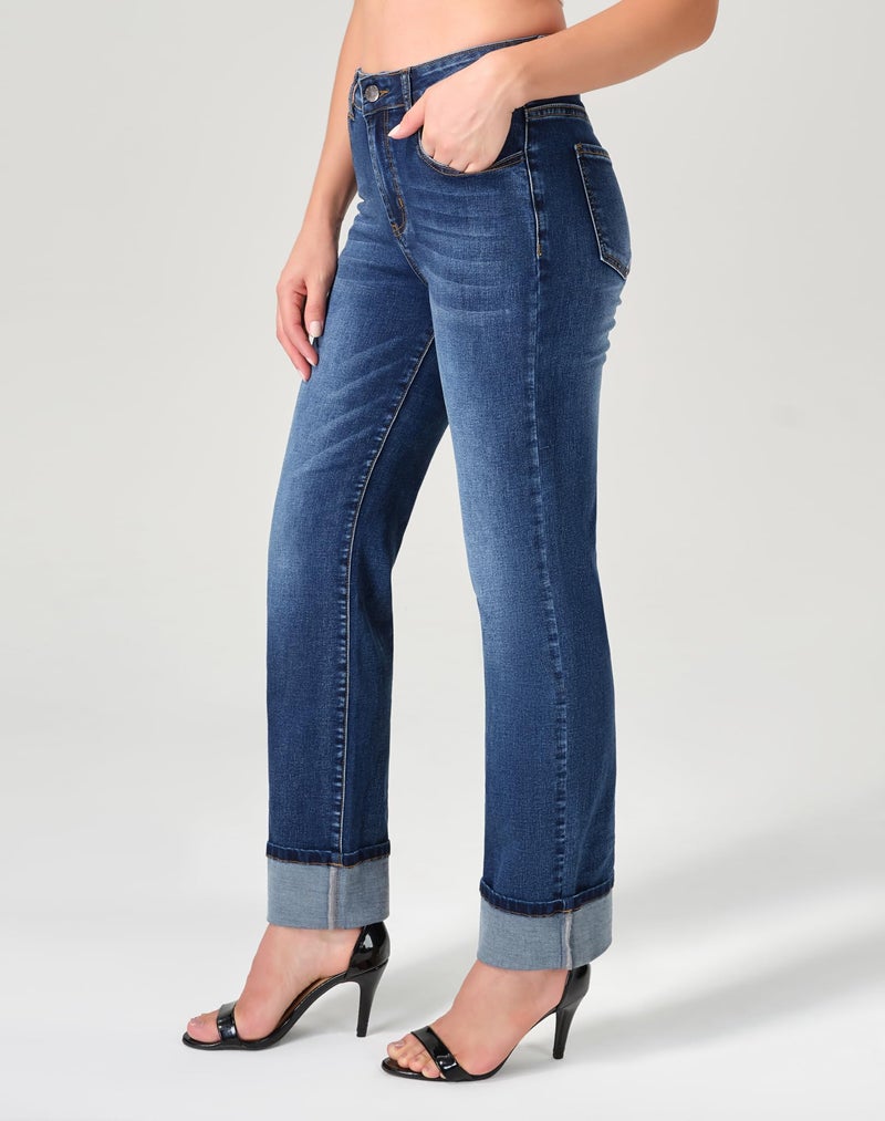 roswear Womenâ€™s Straight Leg Jeans High Waisted Boyfriend Stretchy Cuffed Denim Pants Retro Blue Medium - Image 2
