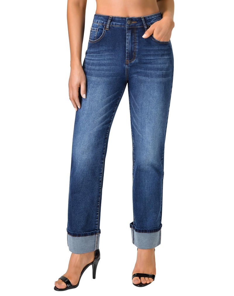 roswear Womenâ€™s Straight Leg Jeans High Waisted Boyfriend Stretchy Cuffed Denim Pants Retro Blue Medium - Image 1