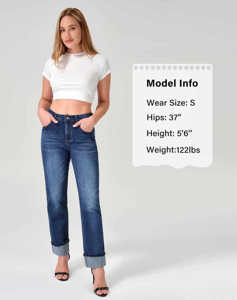 roswear Womenâ€™s Straight Leg Jeans High Waisted Boyfriend Stretchy Cuffed Denim Pants Retro Blue Medium - Image 4