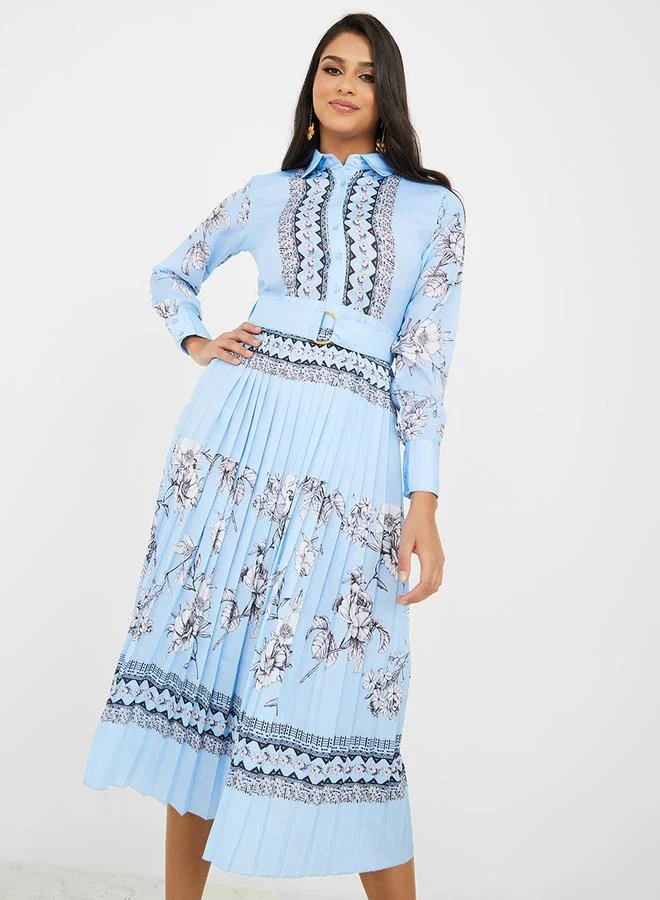 Styli Floral Print Pleated Collared Midi Dress