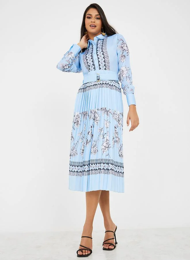 Styli Floral Print Pleated Collared Midi Dress