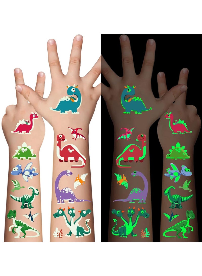 قوس قزح أورينبو 12 ورقة وشم مؤقتة متوهجة على شكل ديناصور للأطفال، ملصقات وشم مضيئة على شكل ديناصور، وشم متوهج في الظلام للأولاد والبنات، مكياج الوجه، وشم مزيف، لوازم حفلات العطلات، هدايا للأطفال - Image 1