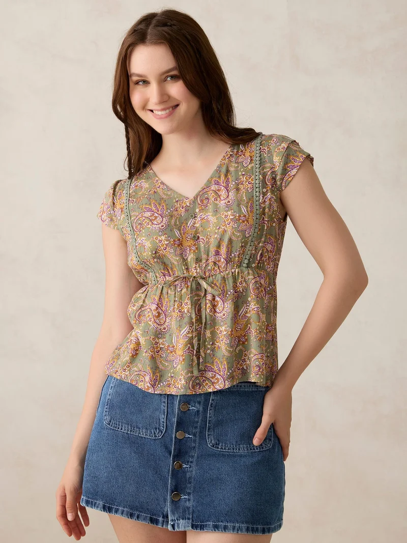 OUTZIDR Green Printed Crinkled Blouse