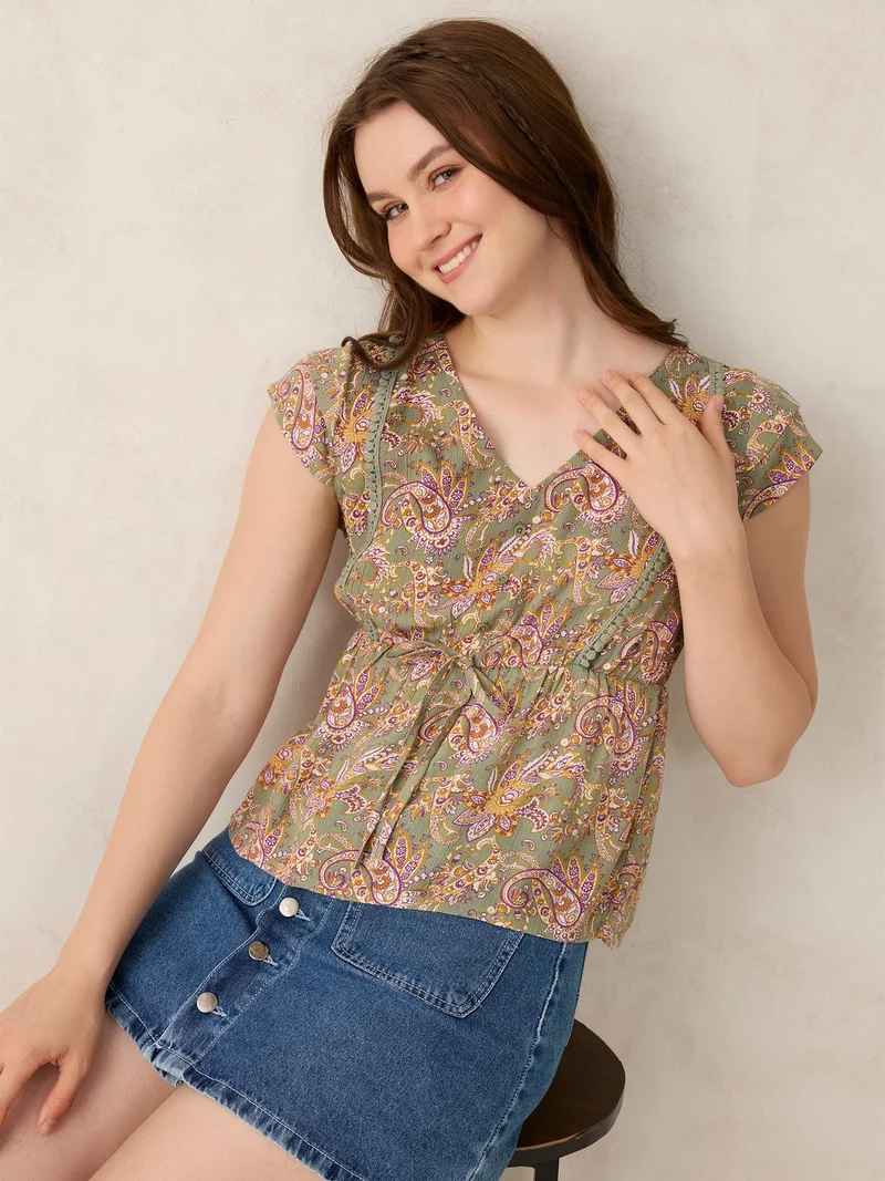 Outzidr Green Green Printed Crinkled Blouse for Women | Best Price UAE
