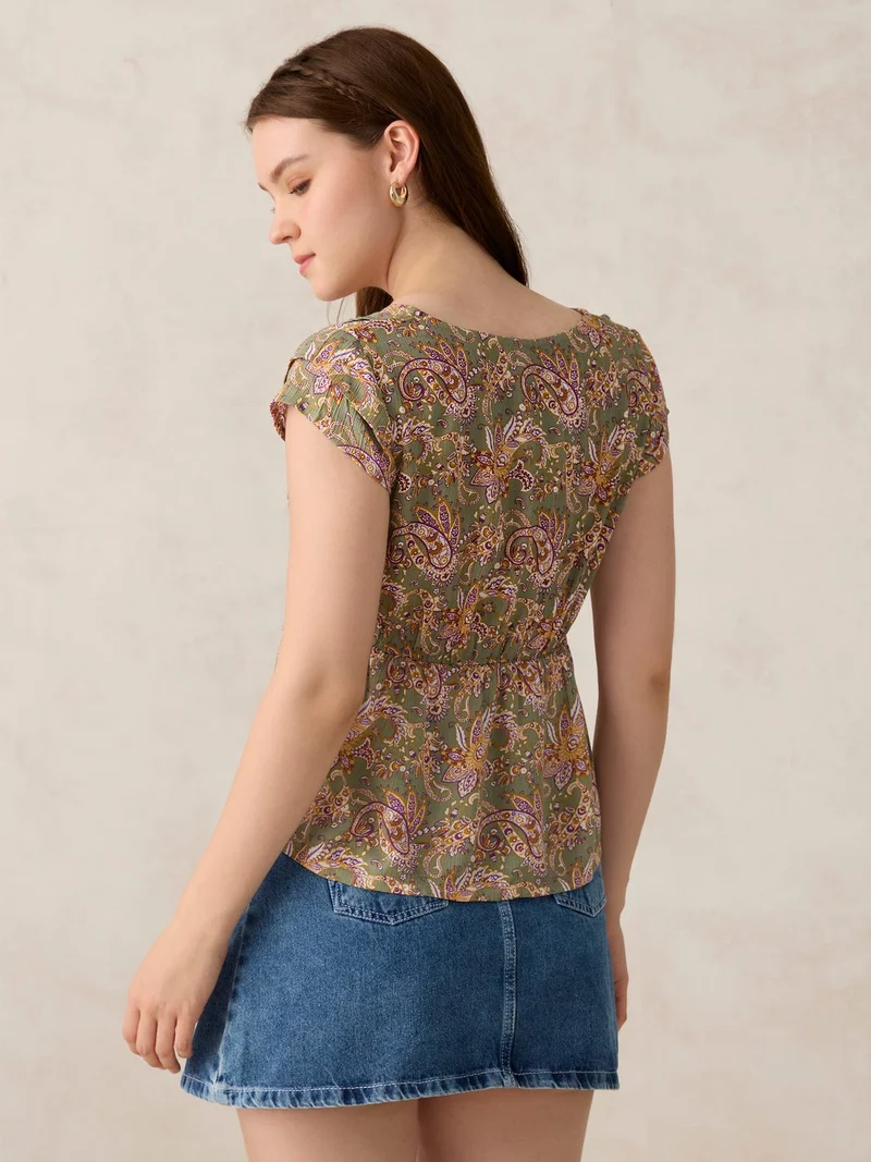 OUTZIDR Green Printed Crinkled Blouse