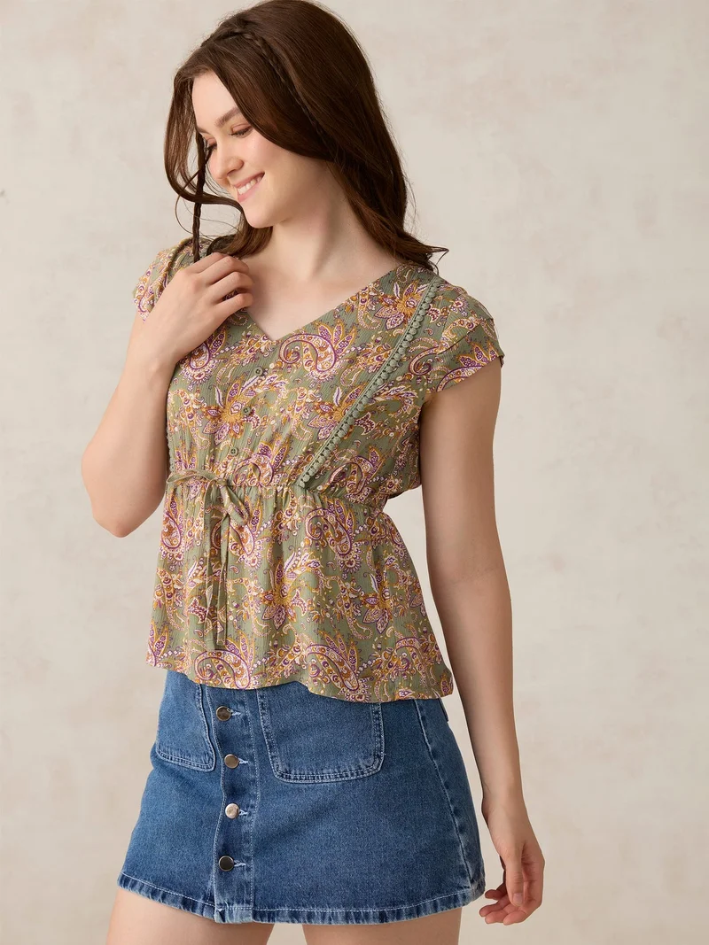 Outzidr Green Green Printed Crinkled Blouse for Women | Best Price UAE
