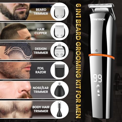 PRITECH Beard Trimmer for Men,6 in 1 Hair Clippers Kit, Precision Cordless Grooming Kit Waterproof IPX6 for Beard, Hair, Body, Nose, Ear, with Foil Razor (Silver) - Image 3