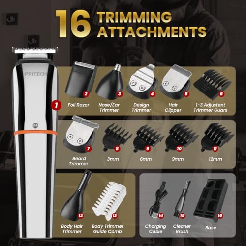 PRITECH Beard Trimmer for Men,6 in 1 Hair Clippers Kit, Precision Cordless Grooming Kit Waterproof IPX6 for Beard, Hair, Body, Nose, Ear, with Foil Razor (Silver) - Image 4