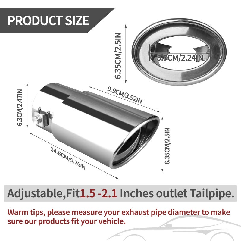 OXDFK Universal Chrome Exhaust Tip, 1.5"â€“2.1" Inlet, Stainless Steel, Adjustable Car Muffler Decorative Tip, Fits Pipes with 1.5â€“2.1" Diameter, 2.24" Outlet, 5.76" Long, Straight Pipe Kit - Image 2