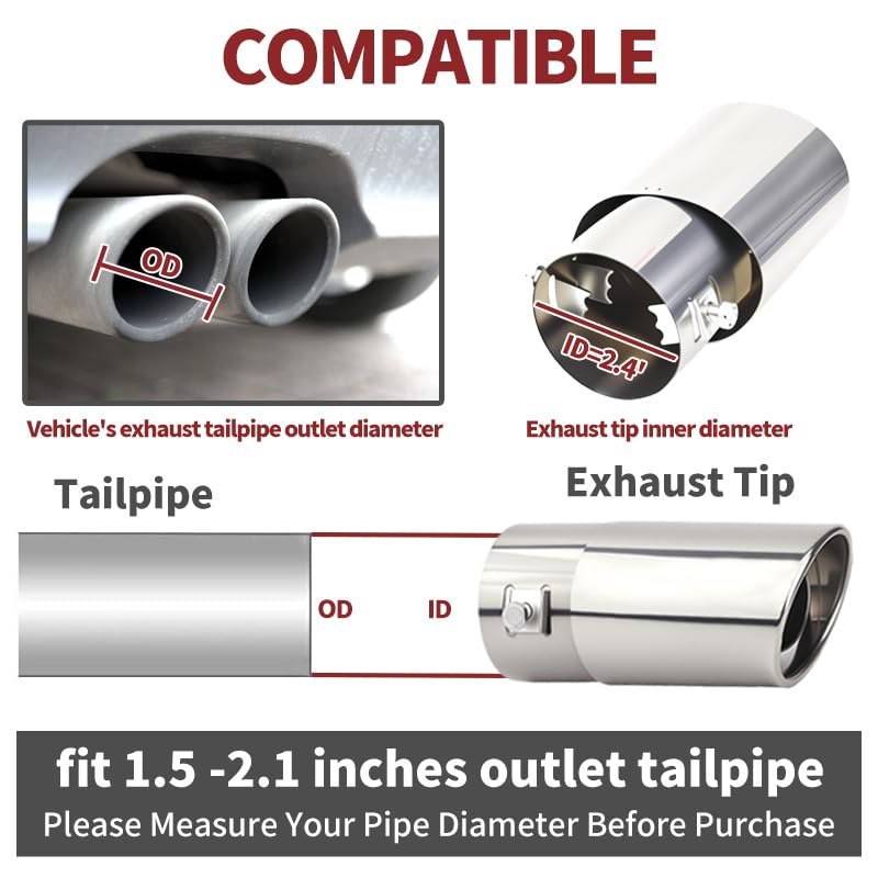 OXDFK Universal Chrome Exhaust Tip, 1.5"â€“2.1" Inlet, Stainless Steel, Adjustable Car Muffler Decorative Tip, Fits Pipes with 1.5â€“2.1" Diameter, 2.24" Outlet, 5.76" Long, Straight Pipe Kit - Image 3