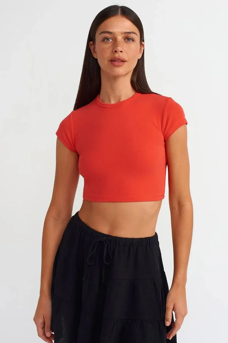 DILVIN Women's Crop Slim-Fit Crew Neck T-Shirt
