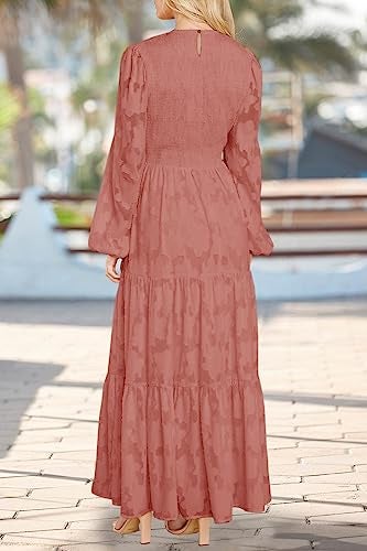 MITILLY Women's Elegant Floral Long Sleeve Round Neck Smocked A-Line Flowy Tiered Maxi Dress with Pockets Medium Bean Paste Red - Image 3