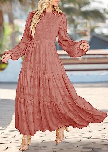 MITILLY Women's Elegant Floral Long Sleeve Round Neck Smocked A-Line Flowy Tiered Maxi Dress with Pockets Medium Bean Paste Red - Image 4