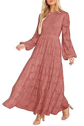 MITILLY Women's Elegant Floral Long Sleeve Round Neck Smocked A-Line Flowy Tiered Maxi Dress with Pockets Medium Bean Paste Red - Image 1