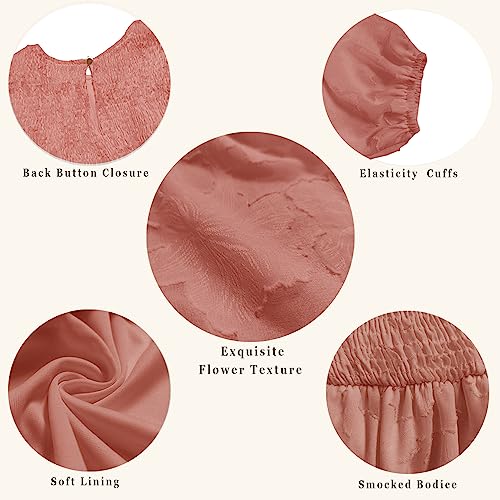 MITILLY Women's Elegant Floral Long Sleeve Round Neck Smocked A-Line Flowy Tiered Maxi Dress with Pockets Medium Bean Paste Red - Image 5