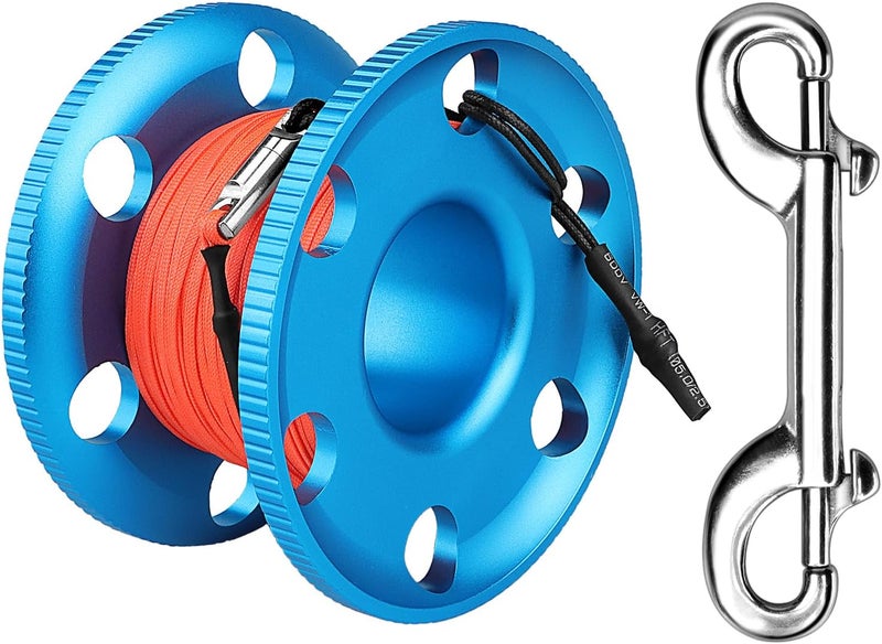 Pluzluce 100FT Scuba Diving Reel with Bolt Snap, Aluminum Alloy Finger Spool with Braided Nylon Line – Big Dive Reel for Scuba, Snorkeling, Spearfishing, Cave & Wreck Diving (Orange Line Blue Reel) - Image 1