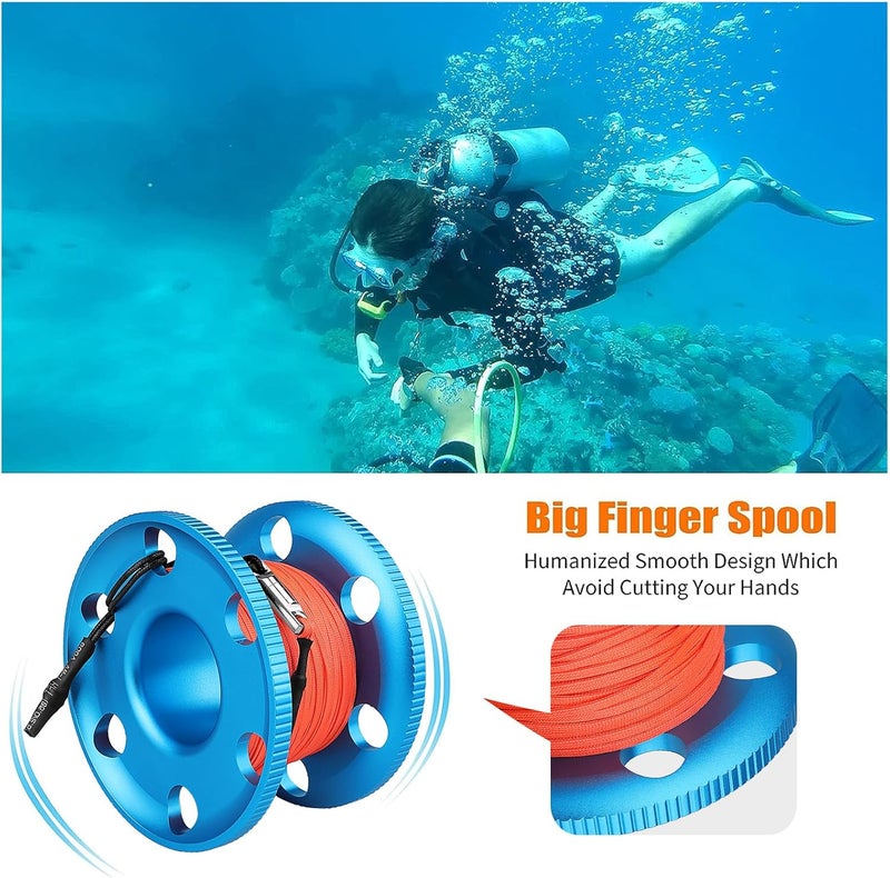 Pluzluce 100FT Scuba Diving Reel with Bolt Snap, Aluminum Alloy Finger Spool with Braided Nylon Line – Big Dive Reel for Scuba, Snorkeling, Spearfishing, Cave & Wreck Diving (Orange Line Blue Reel) - Image 3