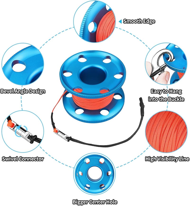 Pluzluce 100FT Scuba Diving Reel with Bolt Snap, Aluminum Alloy Finger Spool with Braided Nylon Line – Big Dive Reel for Scuba, Snorkeling, Spearfishing, Cave & Wreck Diving (Orange Line Blue Reel) - Image 4