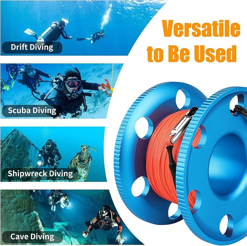 Pluzluce 100FT Scuba Diving Reel with Bolt Snap, Aluminum Alloy Finger Spool with Braided Nylon Line – Big Dive Reel for Scuba, Snorkeling, Spearfishing, Cave & Wreck Diving (Orange Line Blue Reel) - Image 2